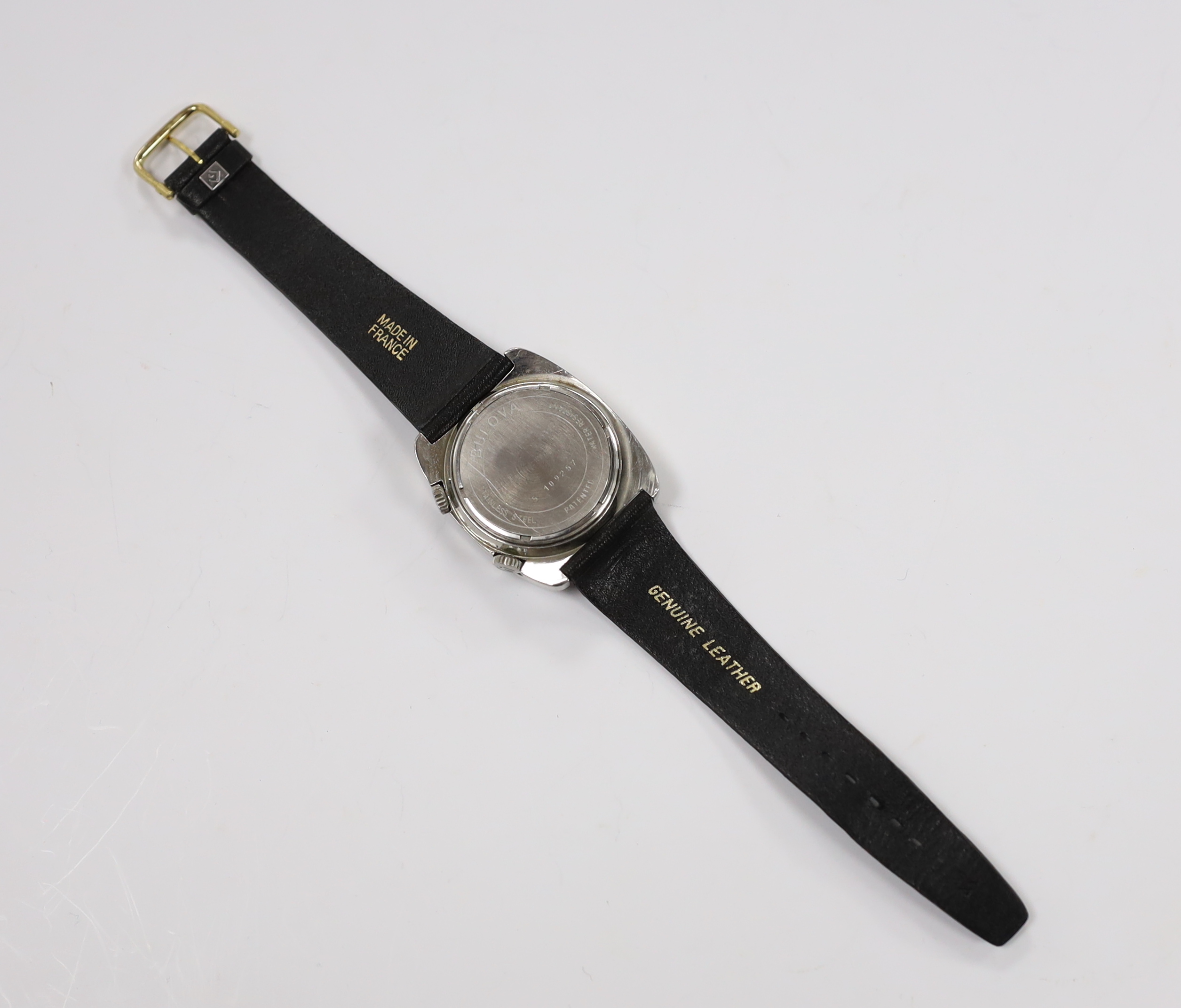 A gentleman's stainless steel Bulova Astronaut Mark II wrist watch, on a leather strap, case diameter 36mm.